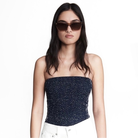 NEW RAG & BONE BLUE STRAPLESS SMOCKED BODYSUIT - Picture 1 of 12